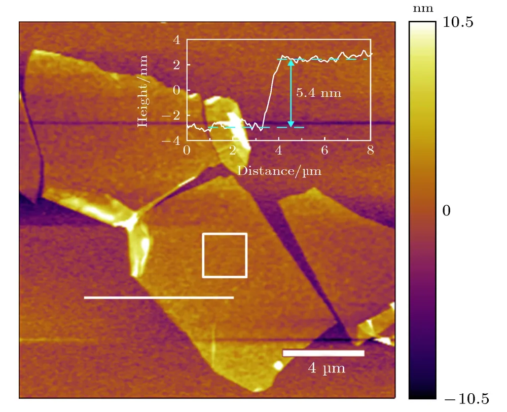 石墨烯 AFM 形貌与高度剖面(层厚约 5.4 nm)