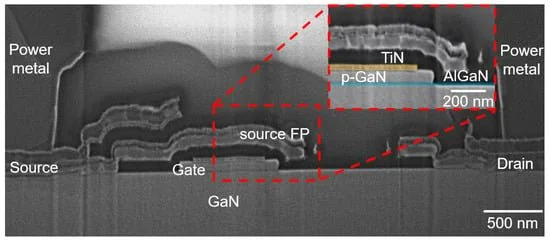 GaN HEMT 器件横截面 SEM(源/栅/漏结构)